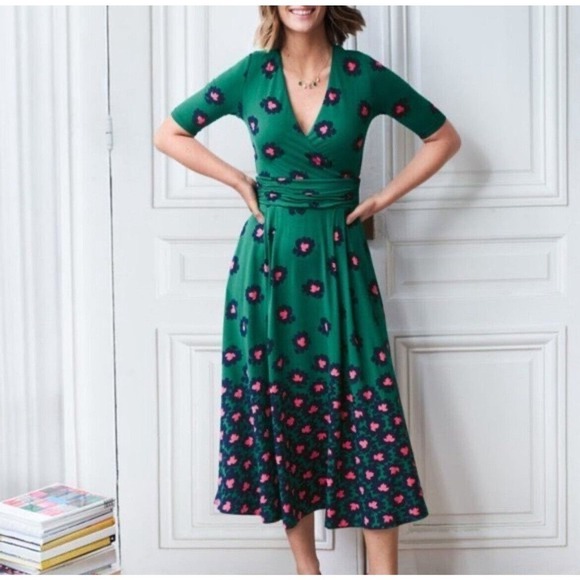 Boden Woodland Green Kassidy Surplice Midi Dress 6 Short Sleeve V Neck - Picture 1 of 12